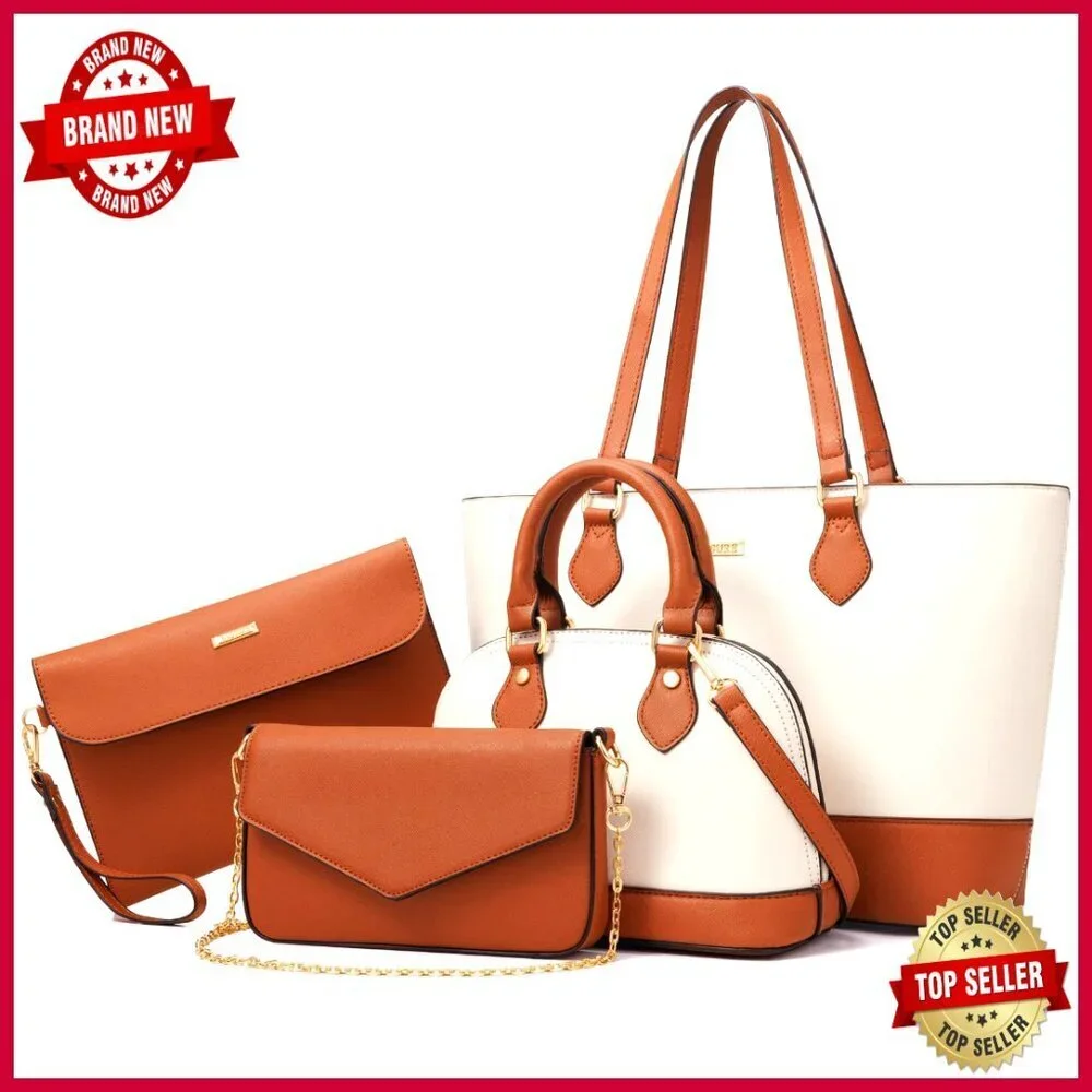 4-Piece Synthetic Leather Handbag Set with Adjustable Straps for Work and Travel